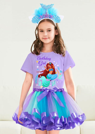 Doctor Unicorn Birthday Girls Mermaid Outfit Set Costume Tutu Skirt Dress, Mermaid Birthday Shirt, Headband & Satin Sash (Purple-2, 5-6 Years)