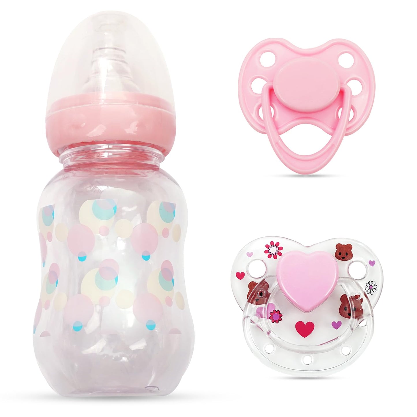 Pink Style Pacifier And Bottle 2 Piece Set Safest Reborn Baby Doll Accessories(Comes With An Extra Pink Magnetic Pacifier)