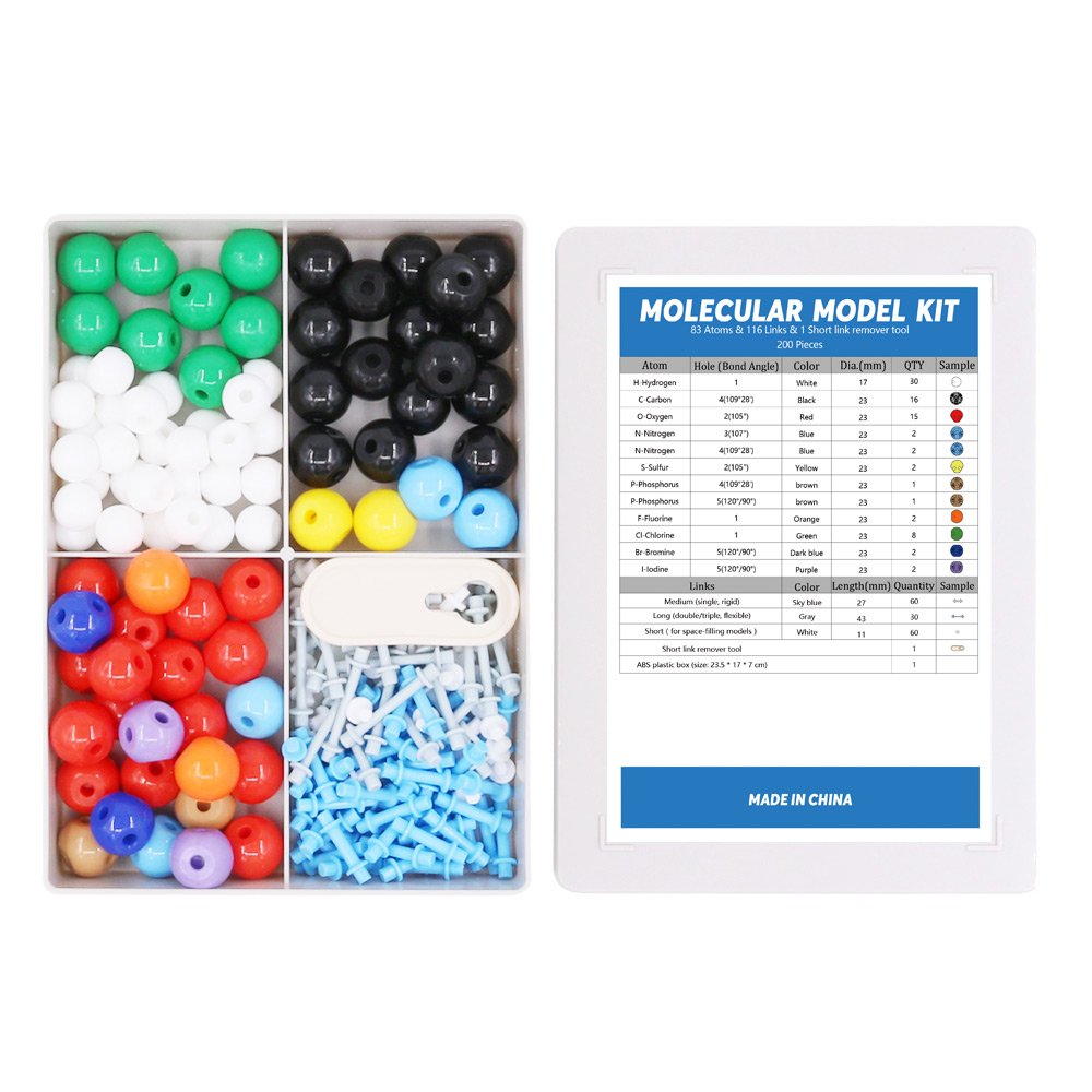 Swpeet 200 Pcs Molecular Model Kit For Organic And Inorganic Chemistry, Chemistry Molecular Model Student And Teacher Set - 83 Atoms & 116 Links & 1 Short Link Remover Tool