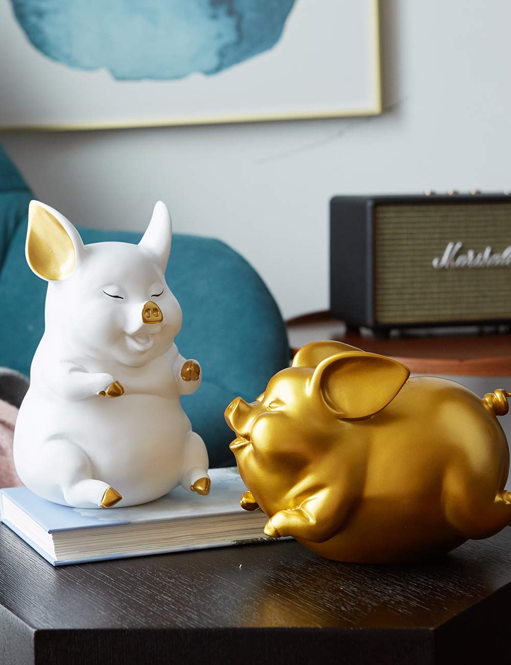Haucoze Piggy Bank Coin Bank Pig Statue Gifts Modern Arts Figurine Polyresin Gold 8.3Inch