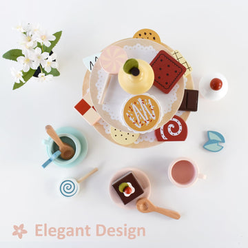 PairPear Tea Party Set Dessert Stand Playset -Wooden Toys Pretend Play Food Kitchen Accessories for Toddler Tea Set Birthday Gif