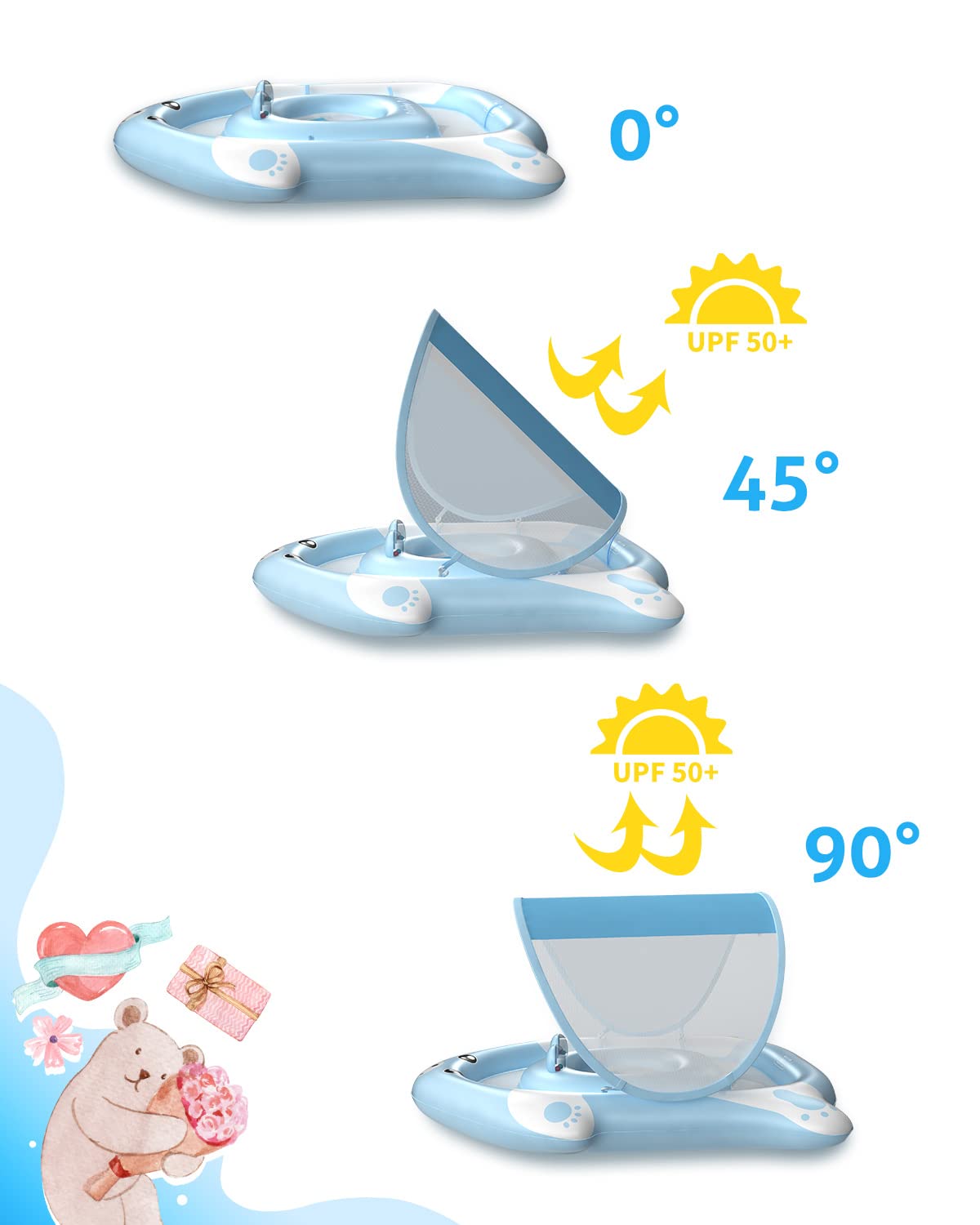 Relaxing Baby - Double Float with Adjustable Safety Seat,Canopy UPF 50+ Sun Removable,Inflatable Animal Style Float,Swimming Flo