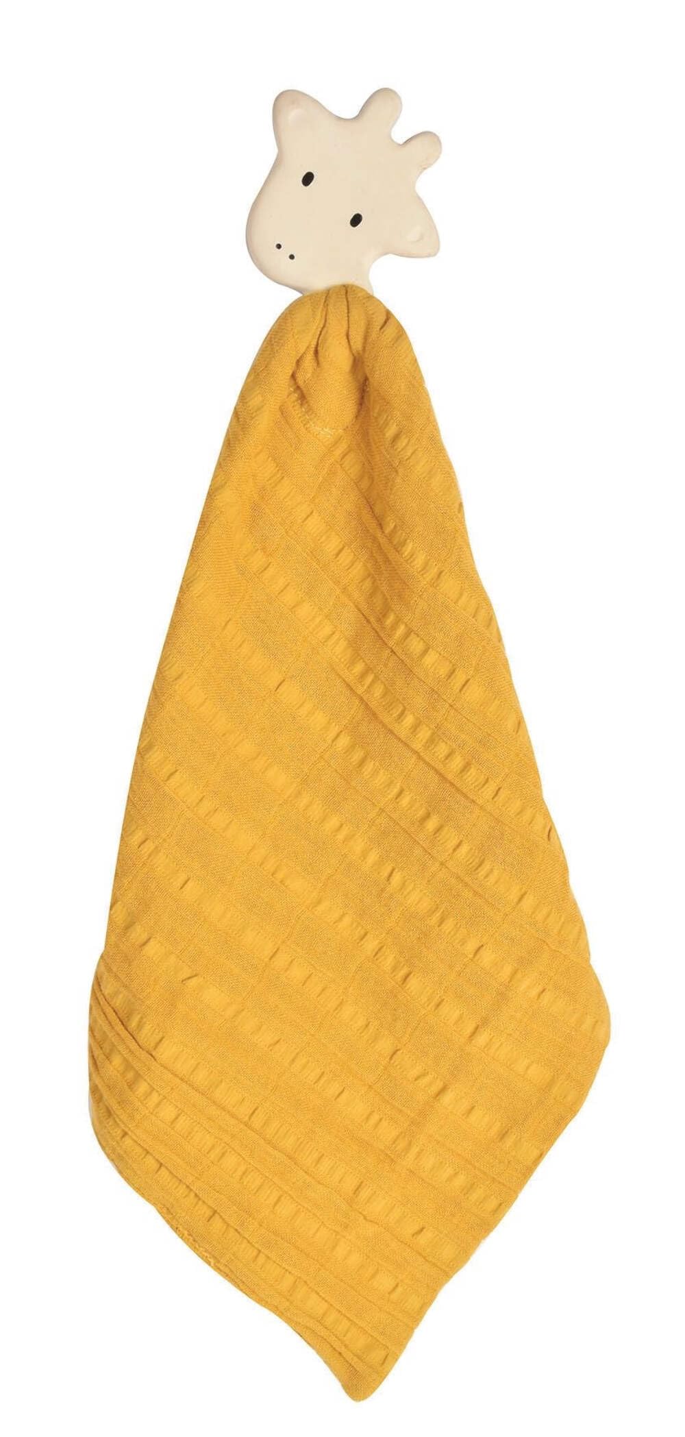 Giraffe Baby Comforter - Mustard Yellow Muslin with Organic Natural Rubber Teether | Safari Animal Soothing Toy | Soft, Easy-Gri