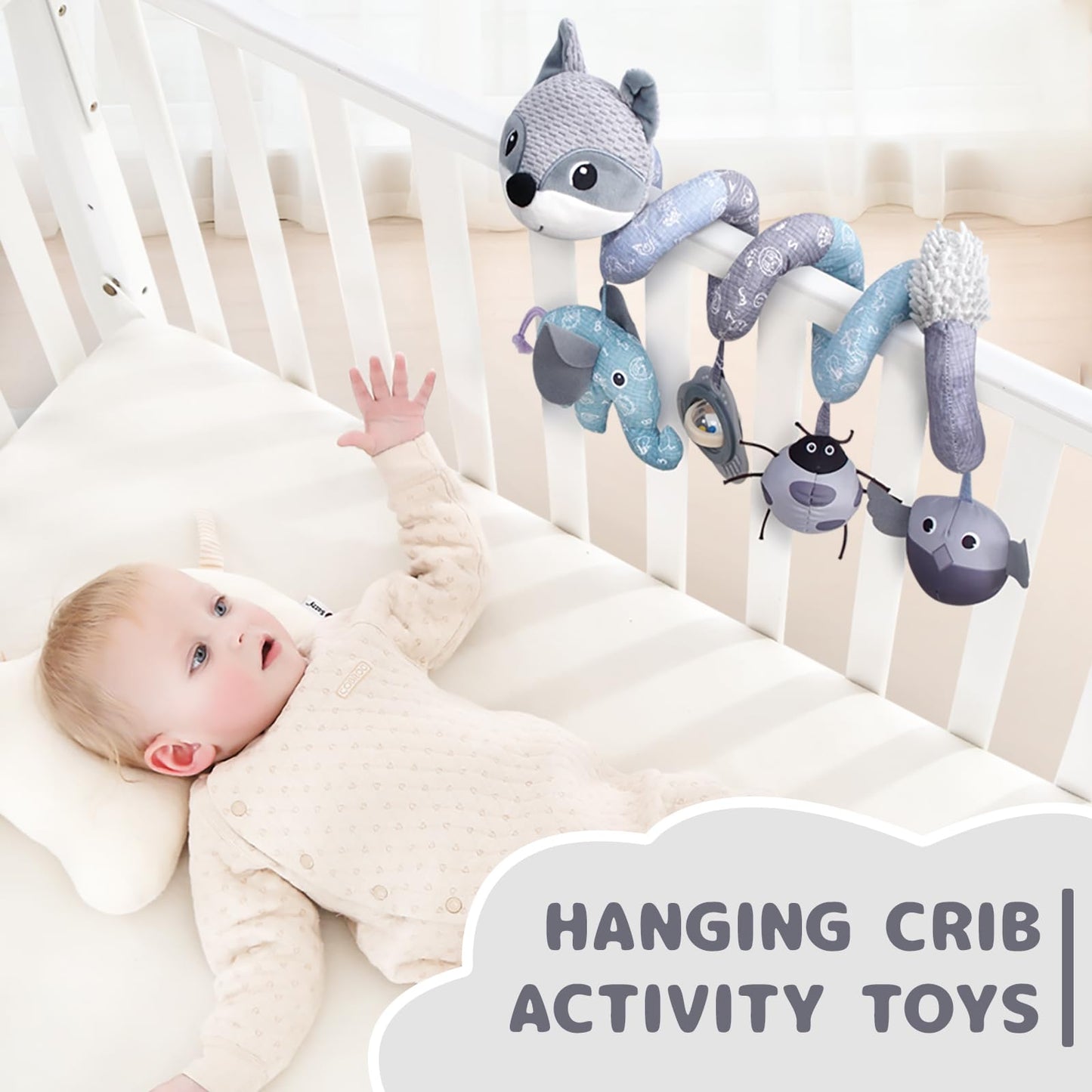 Koty Car Seat Toys, Infant Baby Spiral Plush Activity Hanging Toy For Stroller Bar Pram Crib With Music Box Bb Squeaker & Rattles(Gray Fox)