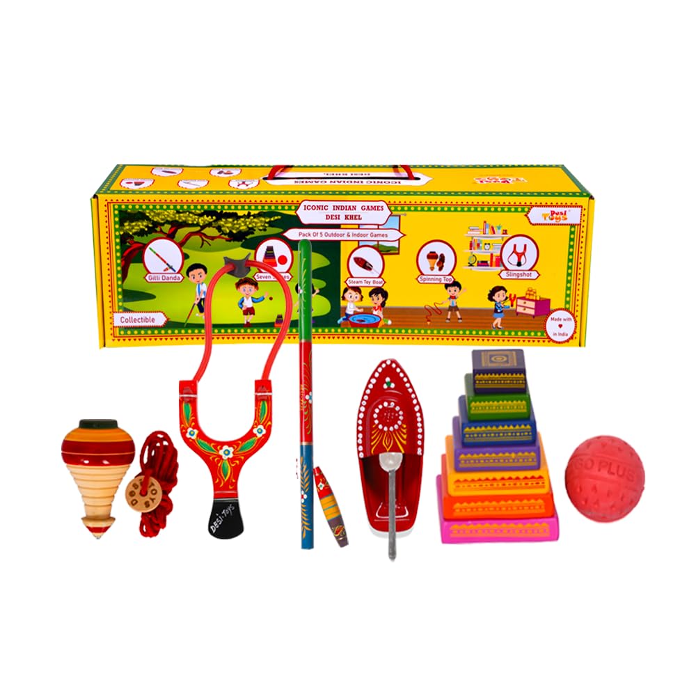 Desi Toys Classic & Iconic Vintage Metal Toys (Pack Of 4) - 1 Steam Boat With Candle Holder, 1 Clicker, 1 Finger Spinning Top &