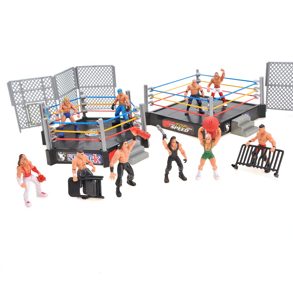 Powertrc 32 Pieces Wrestling Toys, Wrestler Play Set With 2 Wrestle Rings (Hexagon & Square), 12 Wrestlers, 18 Accessories, Toy Figures Cake Topper Birthday Party Decoration Gift Toy For Kids