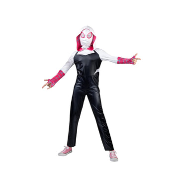 Marvel Spider-Gwen Official Youth Halloween Costume - Premium Quality Hooded Jumpsuit With Pull On Fabric Mask (Small)