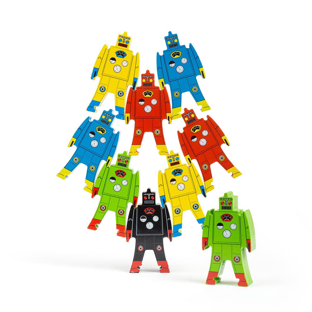 Schylling Stacking Robots - Colorful Wooden Stacking Toy For Kids - 9 Pcs. Fun Puzzle For Balancing And Imaginative Play - Ages 3 And Up