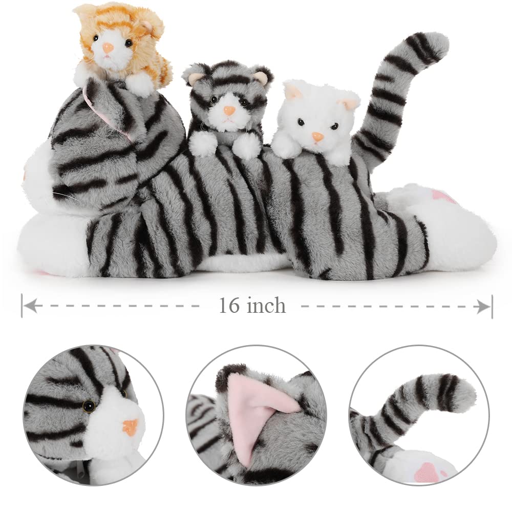 Muiteiur 4 Piece Cat Plush Set, Mom Cat Stuffed Animal With 3 Baby Stuffed Kittens In Zipper Pouch, Cute Stuffed Cat For Kids Girls Boys, Great Gift For Valentines Birthday (Grey,15.7Inch)
