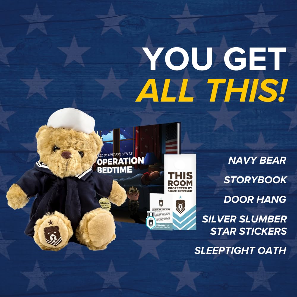 Zzz Bears Sailor Sleeptight Navy Teddy Bear With Storybook & Sleep System, Comforting Gift For Navy Kids, Helps With Bedtime Rou