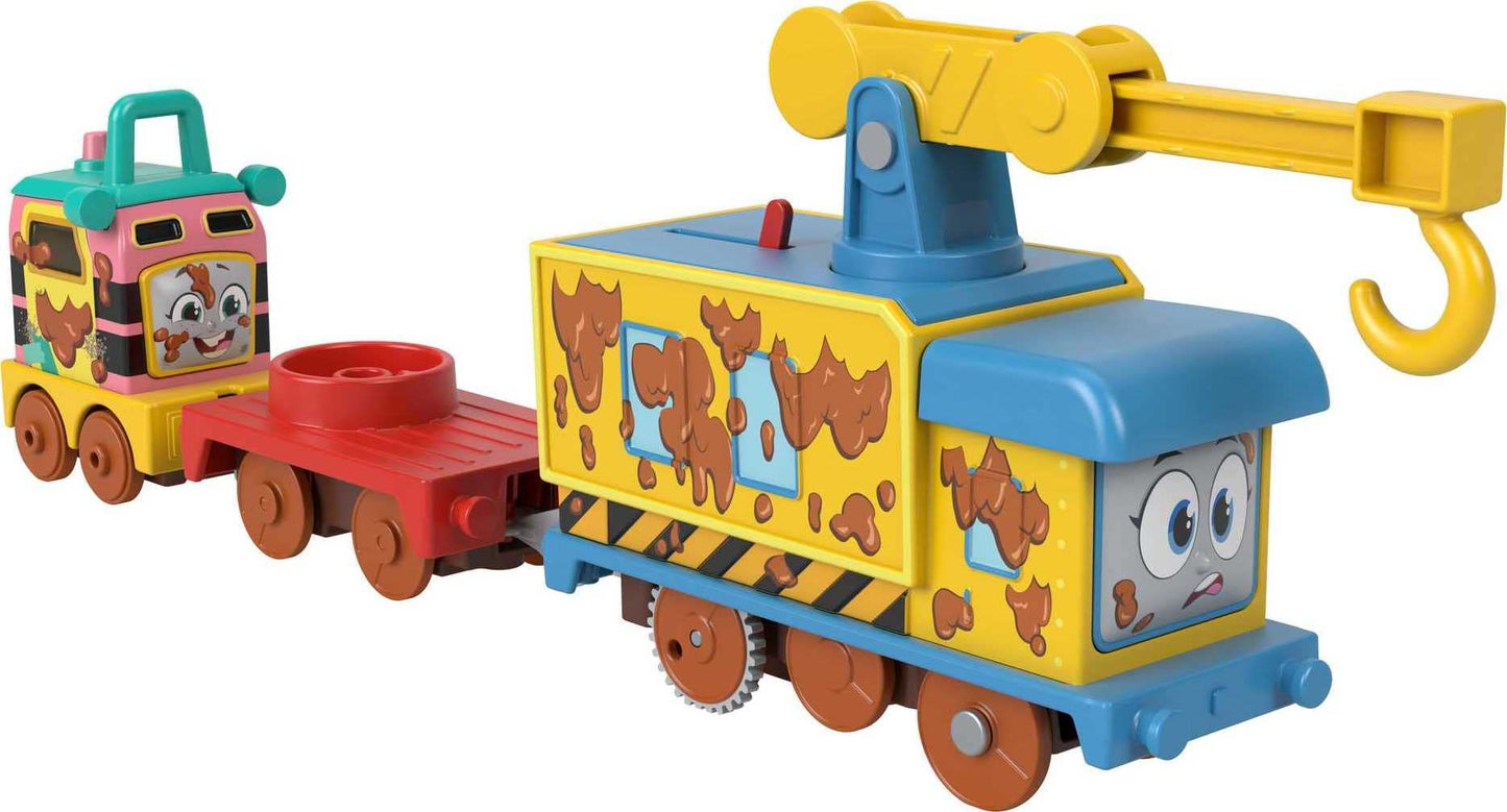 Thomas & Friends Toy Vehicle Set Muddy Fix 'Em Up Friends Battery-Powered Carly The Crane & Sandy The Rail Speeder For Ages 3+ Years