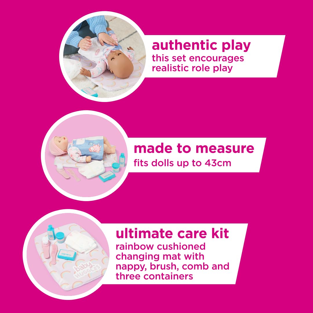 Ultimate Care Kit For Dolls: Authentic Play With Rainbow Cushioned Changing Mat, Nappy, Brush, Comb, And Containers - Suitable For Dolls Up To 46Cm - Encourages Realistic Role Play - Ages 3+