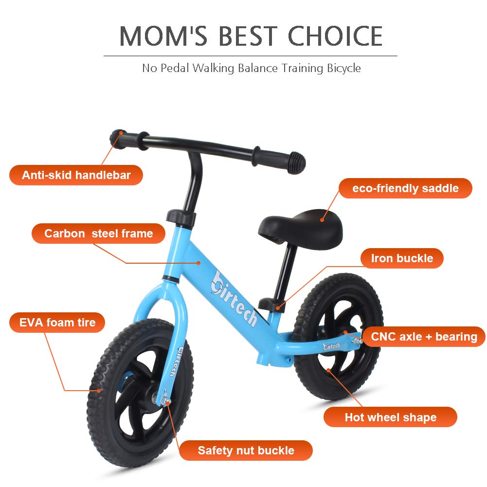 Birtech Balance Bike For 2-5 Year Old, 12 Inch Toddler Bike No Pedal Training Bicycle With Adjustable Seat Height, Airless Tire (Light Blue)