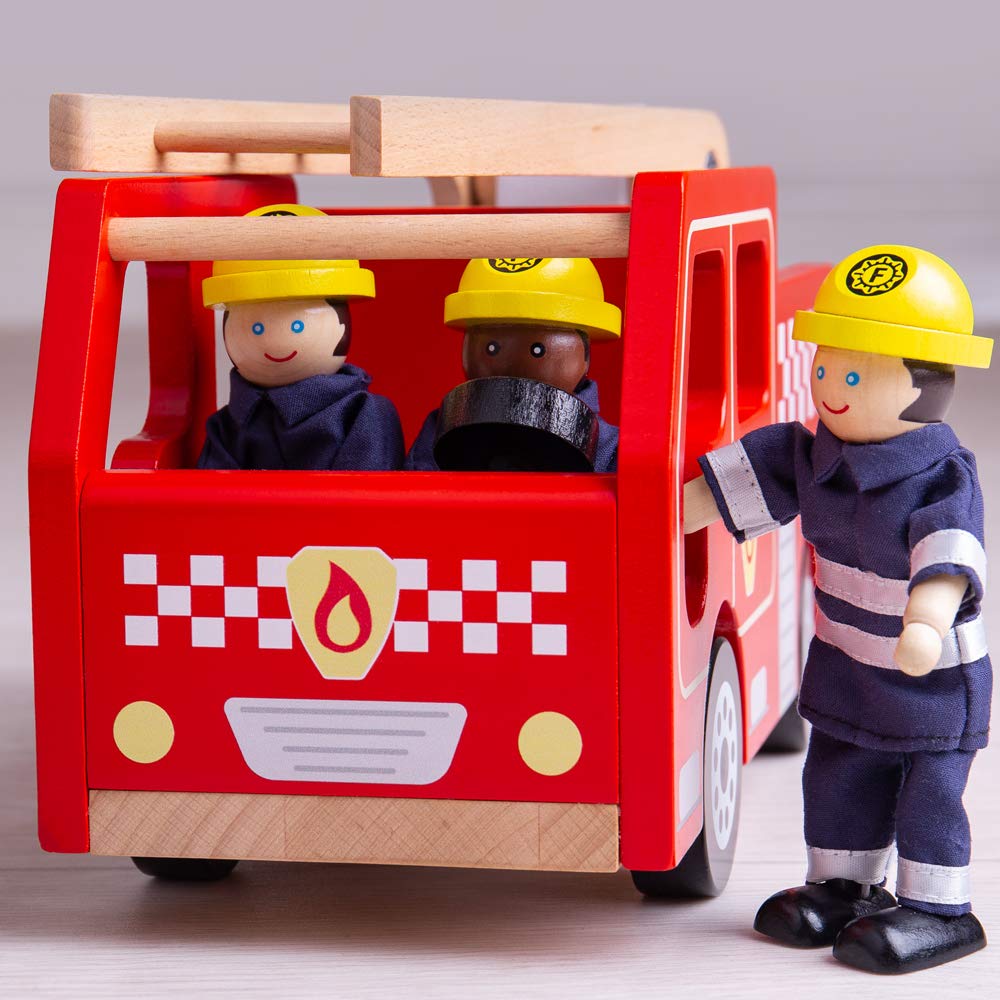 Bigjigs Toys City Wooden Fire Engine - Toy Fire Engine With Swivel Ladder , Kids Emergency Toy Vehicle For Ages 3 Years +, Quali