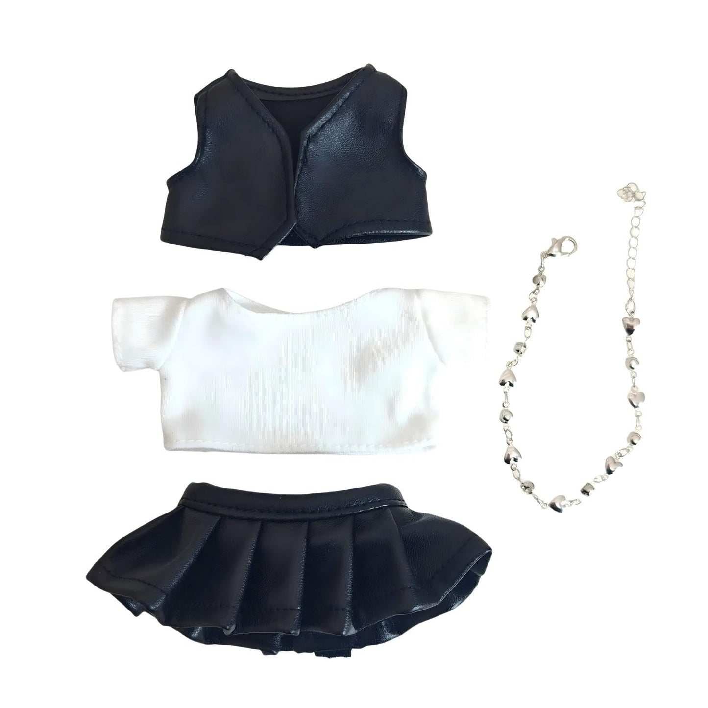 4-Piece Skirt Outfit Set for All Generations - T-Shirt, Leather Jacket, Mini Skirt & Silver Necklace (Doll Clothes & Accessories