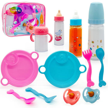 Baby Doll Accessories Magic Bottle Set Magic Disappearing Milk Juice Bottles Sippy Cups with Pacifiers Bowl Spoons, Doll Bottle