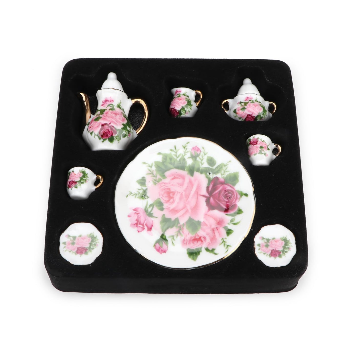 Dollhouse 1:6 Porcelain Tea Cup Sets 8 Pcs Set Miniature Ceramics Dollhouse Accessories Flower Pattern Teapot Platter Dish Sets
