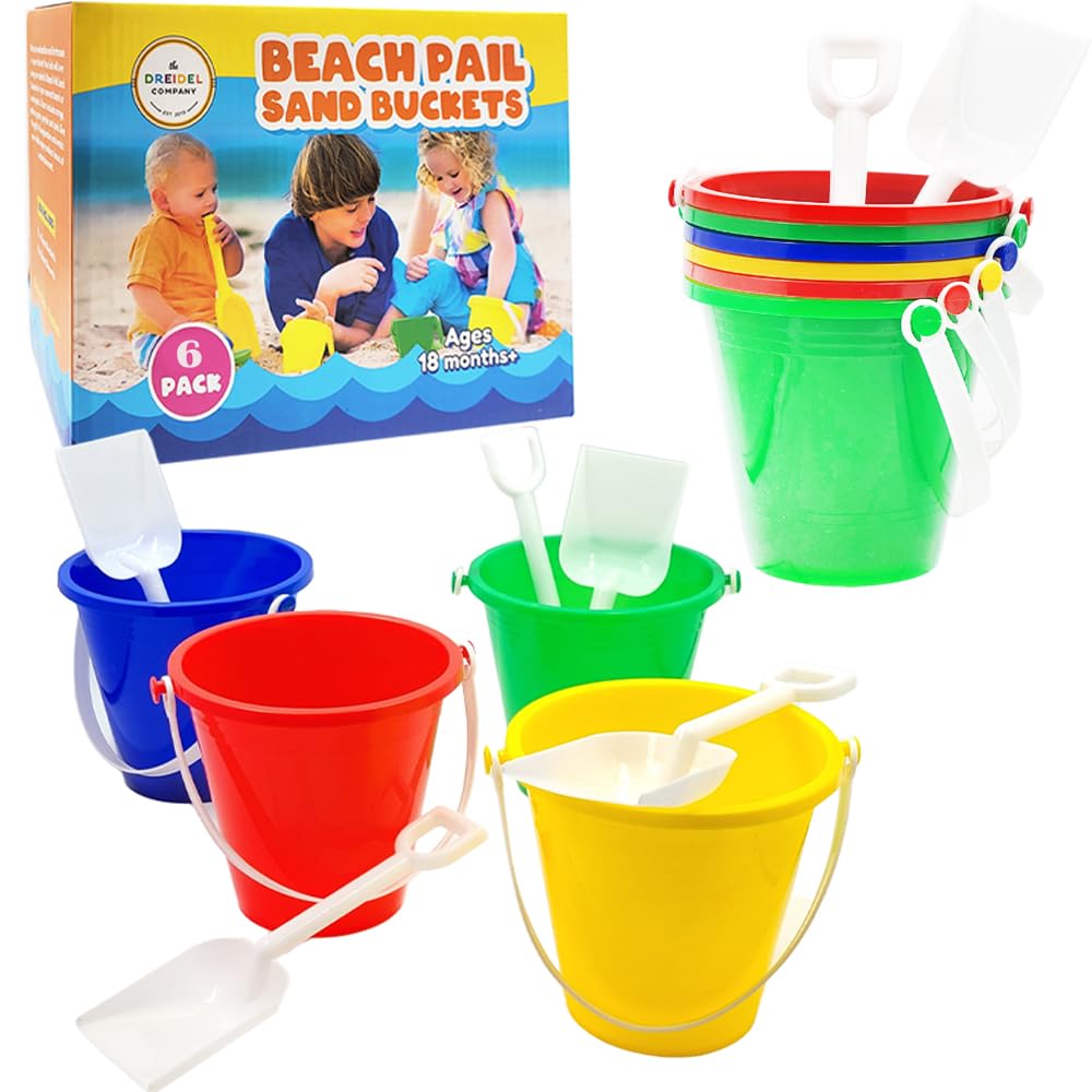 The Dreidel Company Beach Day Playsets (Pack of 6) 5.25'' Sand Bucket Play Set Box Includes, Pail & Shovel Sand Toy for Boys and