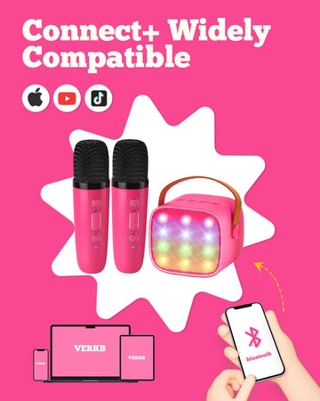 VERKB Mini Karaoke Machine with 2 Wireless Microphones for Kids Kids Toys for Girls and Boys Portable Bluetooth Speaker Gift for Girls 4 5 6 7 8+ Year Old Birthday Party(Rose Red)
