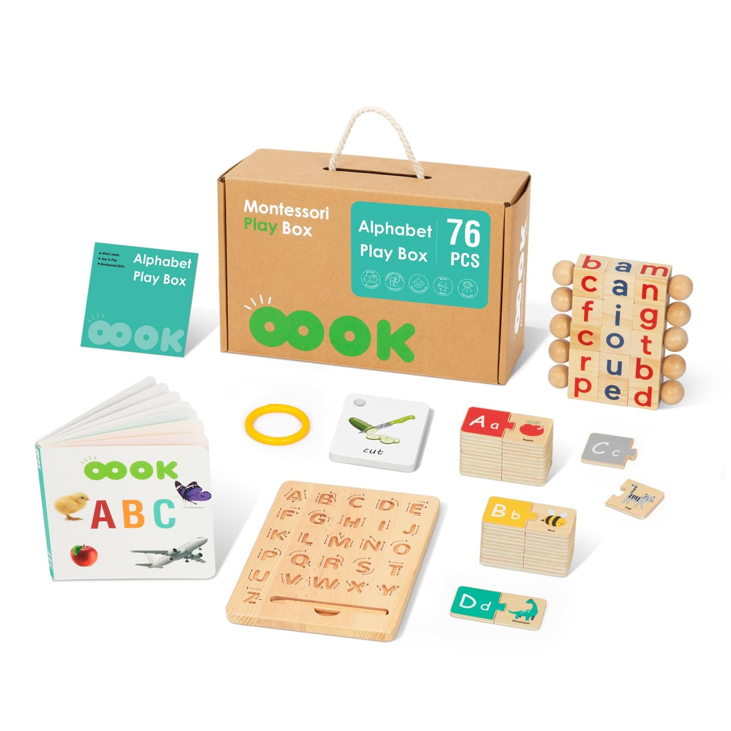 Oook 4 In 1 Montessori Set Alphabet Learning Toys Includes Wooden Letters Practicing Board, Spelling Games With Flash Cards, Alp