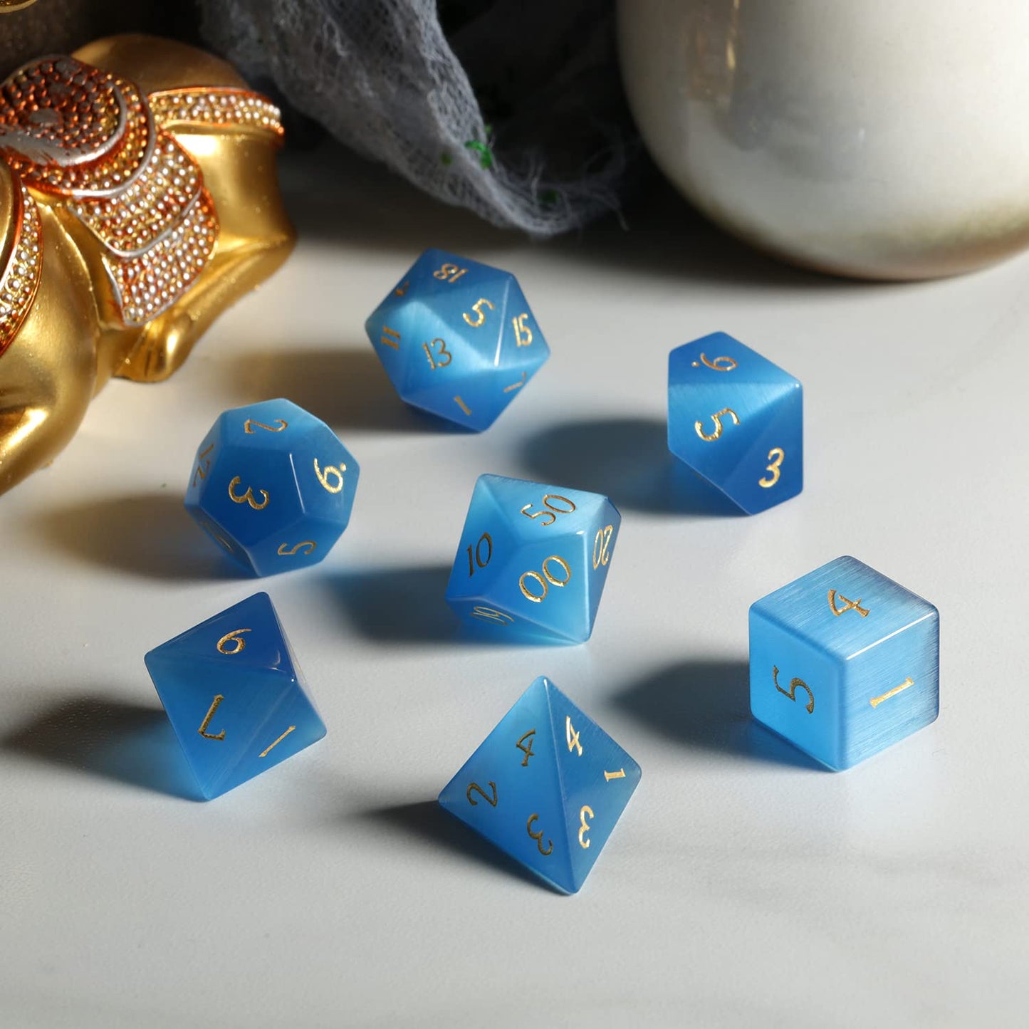 DNDND Gemstone Dice Set 7 PCS Aquamarine Dice with Gift Case for DND Dungeons and Dragon Tabletop Game (Blue Cat's Eye)