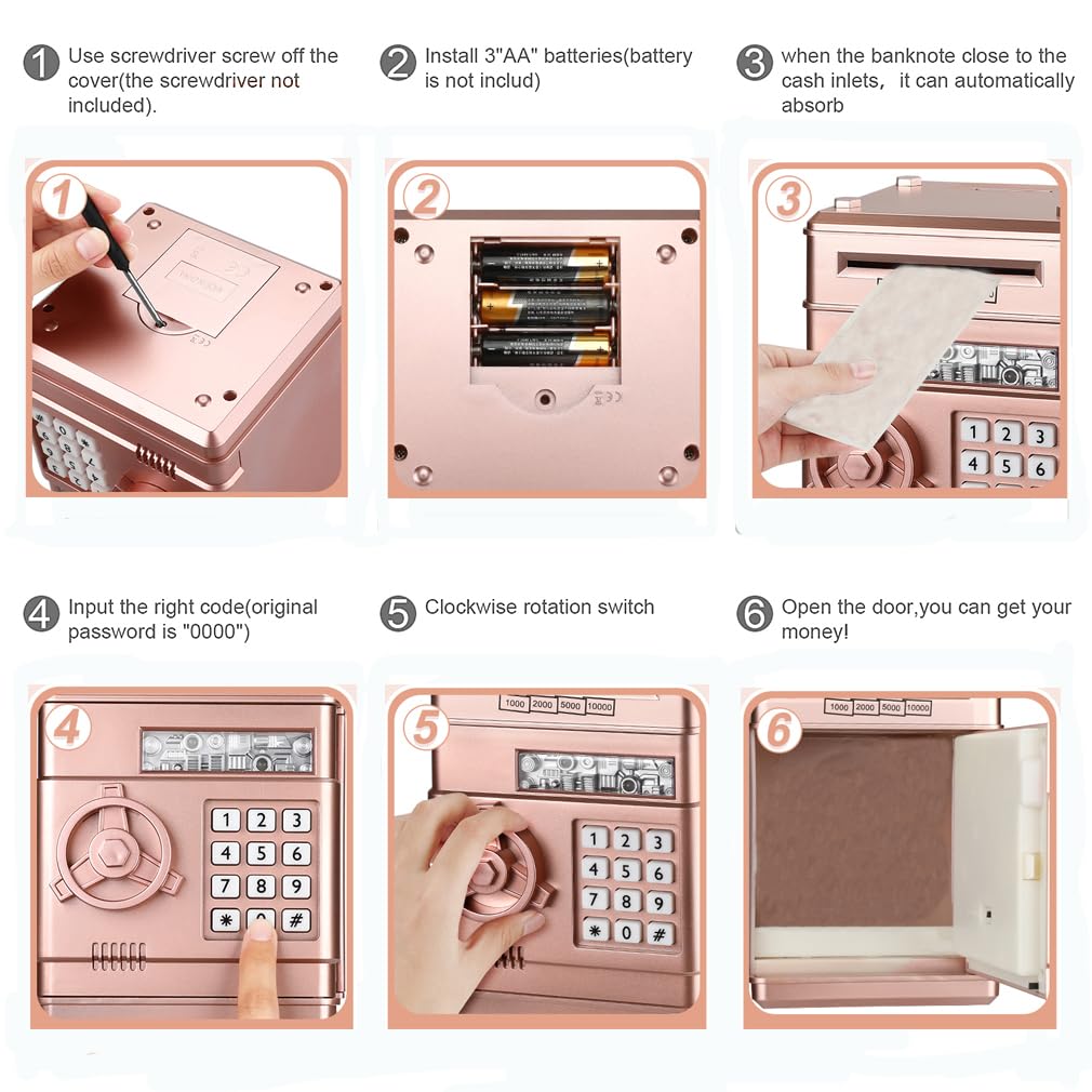 Setibre Piggy Bank, Electronic Atm Password Cash Coin Can Auto Scroll Paper Money Saving Box Toy Gift For Kids (Rose Gold)