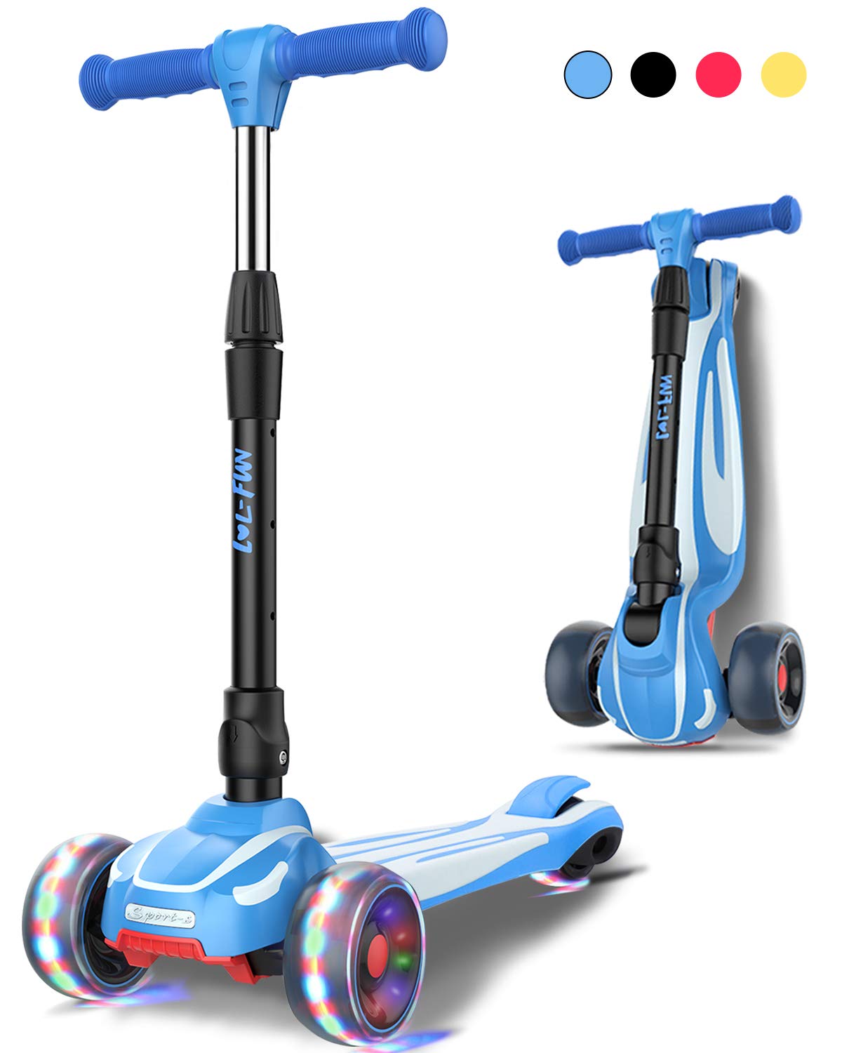 Lol-Fun Scooter For Kids Ages 3-5 Years Old Boys Girls With 3 Wheel Led Lights, Extra-Wide Childrens Foldable Kick Scooter For Kids Ages 6-12 Toddler With 4 Adjustable Height And Lean-To-Steer - Blue