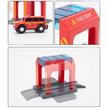Fire Station Playset Toy For Wooden Train Track,Creative City Firestation Shed Railway Accessories Preschool Learning Educationa