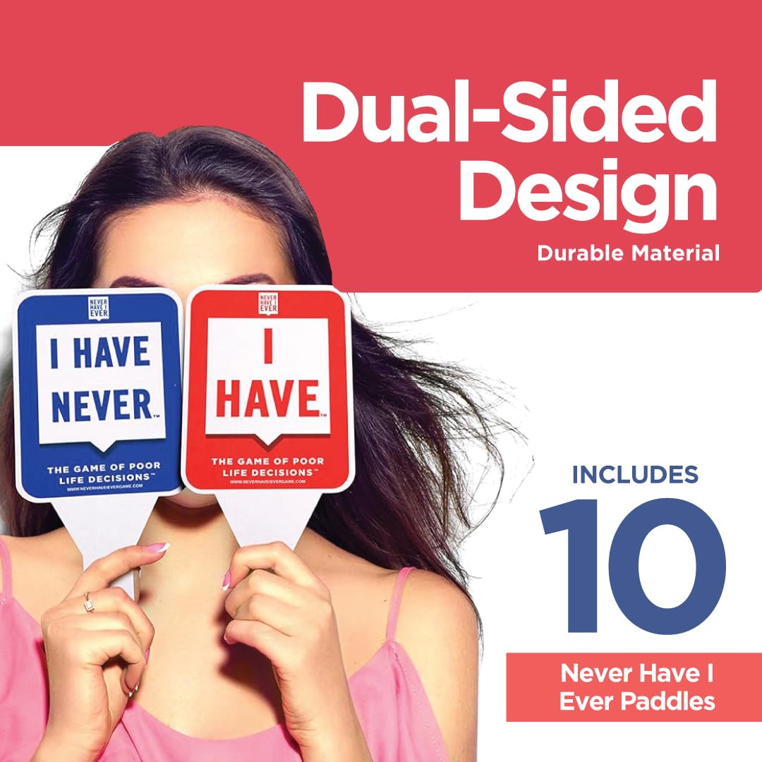 Never Have I Ever Card Game Paddles - 10 Multi-color Cardboard Paddles for Adult Game Nights, Model NHIE-PADDLES-001, Ages 17+