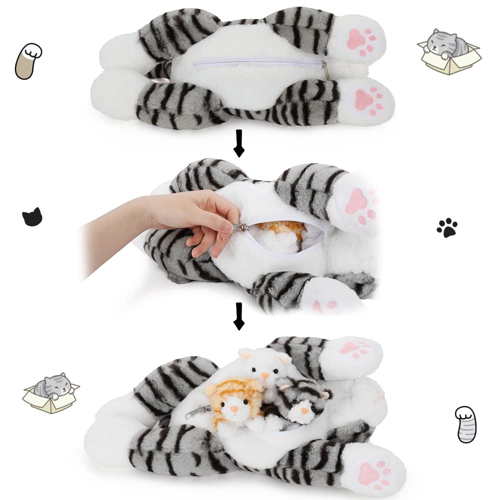 Muiteiur 4 Piece Cat Plush Set, Mom Cat Stuffed Animal With 3 Baby Stuffed Kittens In Zipper Pouch, Cute Stuffed Cat For Kids Girls Boys, Great Gift For Valentines Birthday (Grey,15.7Inch)