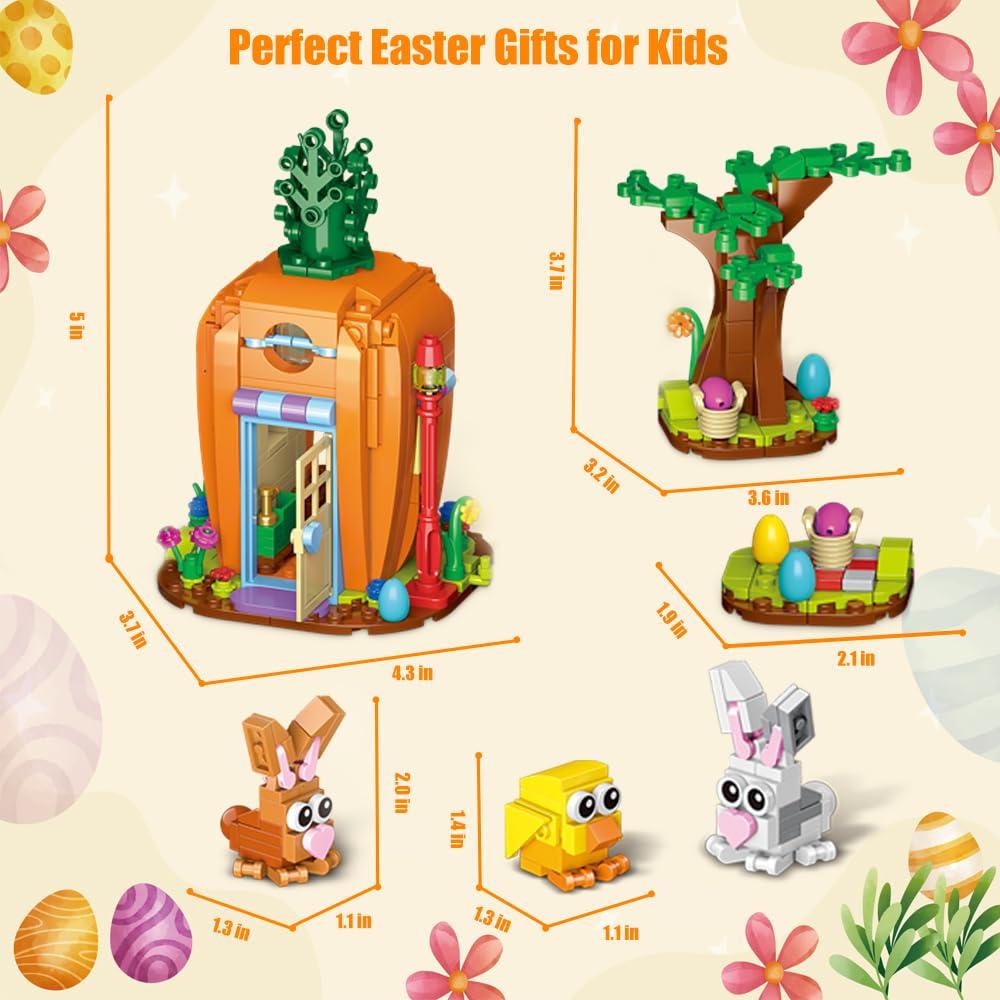 Jarsant Easter Bunny Carrot House Building Set, 2 Rabbits, Chick, Colorful Easter Egg and Basket Toy, Brickheadz Pets Building B