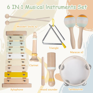 Baby Musical Instruments-Montessori Wooden Toys For Toddlers 1-3,Neutral Colors Percussion Instruments Set With Modern Boho Xylo