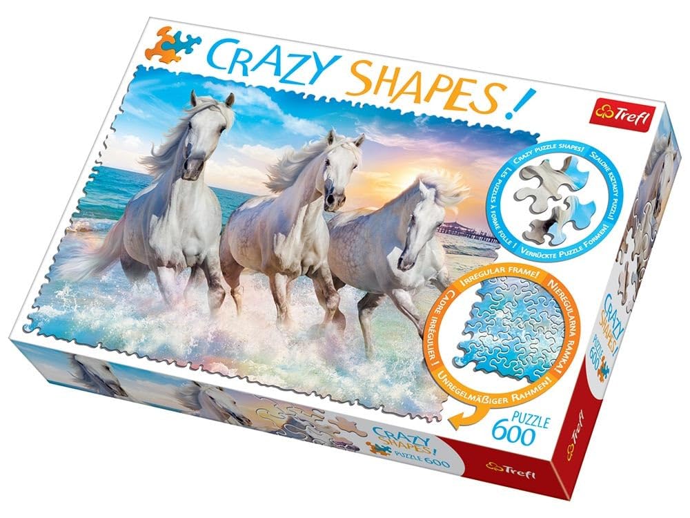 Trefl Crazy Shape 600 Piece Jigsaw Puzzles, Horses Gallop Among The Waves, Stallions, Beach, Adult Puzzles, Trefl 11111