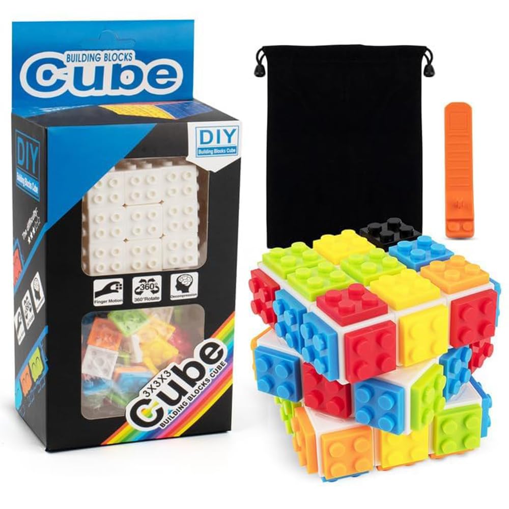 D-Fantix Building Brick Blocks 3X3X3 Speed Cube Toy, Build-On Brick 3D Magic Cube, Handheld Brain Teaser Puzzles Gift Ideas, Puzzle Building Cube Game For Kids Adults (Included Brick Separator)