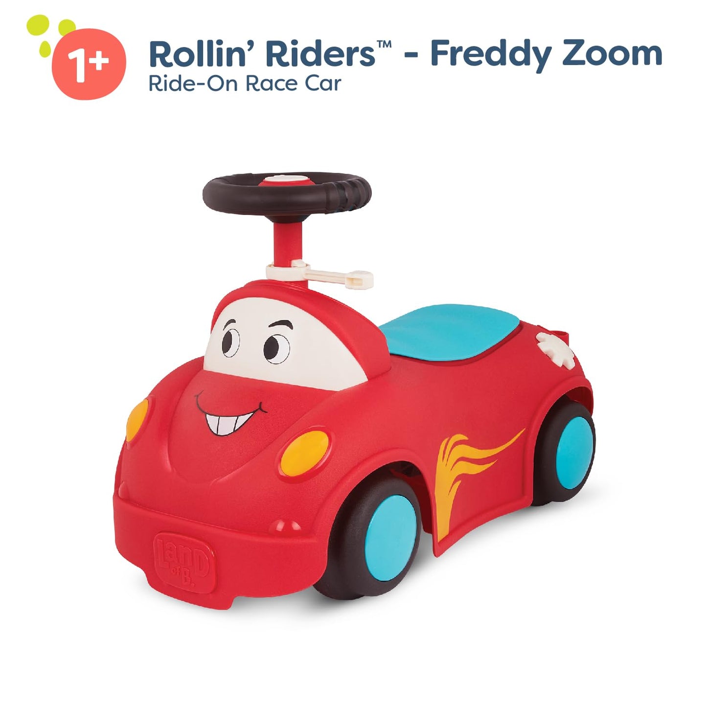 B. Toys – Push Cartoy – Ride-On Race Car –Walker Toy - Handle & Storage Space – Lights, Songs & Sounds – 1 Year + – Rollin' Riders - Freddy Zoom