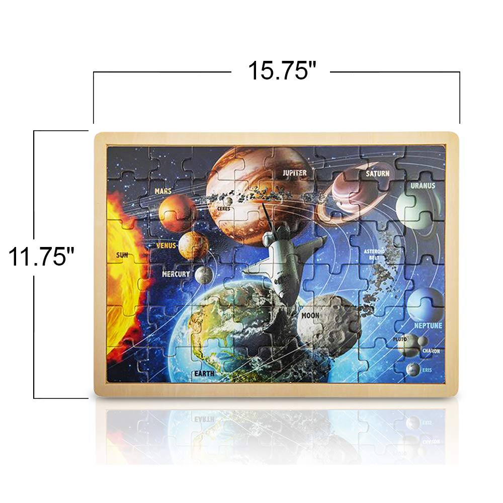 Gamie 48-Piece Wooden Space Puzzle For Kids With Storage Tray, Wood Solar System Puzzle For Boys And Girls, Educational Learning Toys, Best Stem Activities For Children