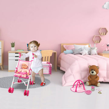 Anivia 5Pcs Baby Doll Stroller Set - Baby Doll Accessories Set Includes Doll Stroller/Doll Crib/Play Mat/Feeding Toy/Diaper Bag, Nursery Role Play Set (11' Doll Included)