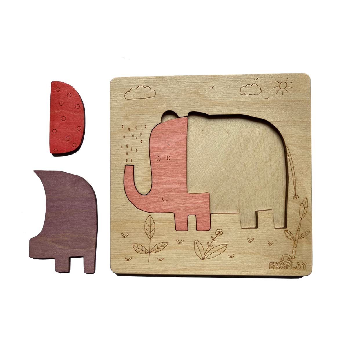Ekoplay 3 Piece Playful Elephant Wooden Puzzle for Kids, Jigsaw Puzzle for Pre-School Kids, Learning Educational Toys Gifts for