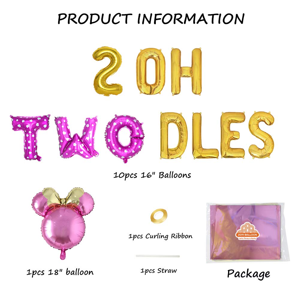 Oh Twodles Birthday Balloons, Pink Oh Twodles Balloon Birthday Banner Minnie Mouse Party Supplies Number 2 Balloon For 2Nd Secon