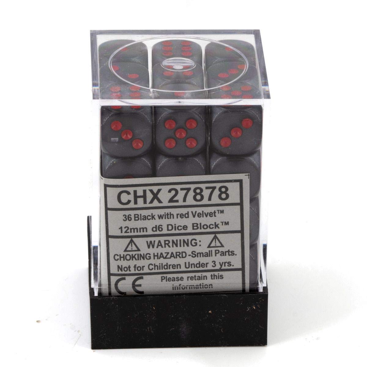 Chessex Dice d6 Sets: Velvet Black with Red - 12mm Six Sided Die (36) Block of Dice