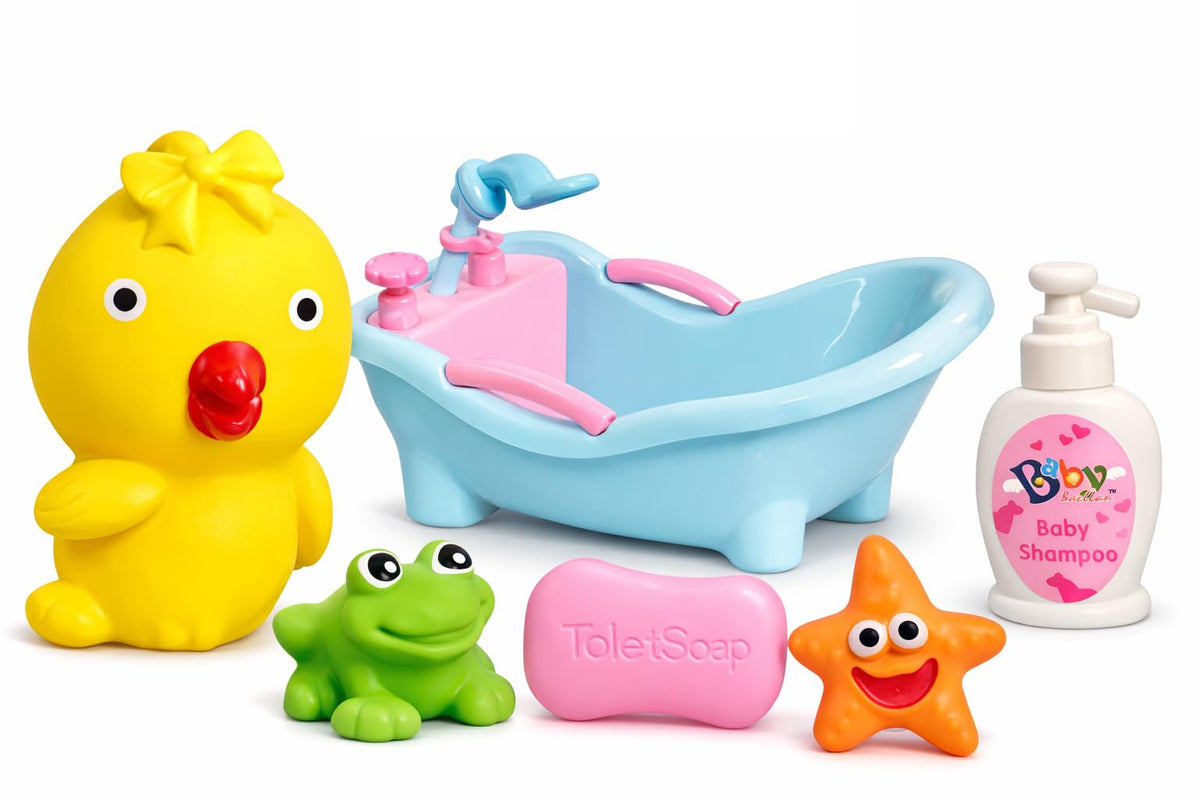 Prime Brands Baby Bath Toy Set For Babies & Toddlers Bathtub Toy With Mini Tub, Cute Duck, Frog, Starfish & Squeeze Bath Toys