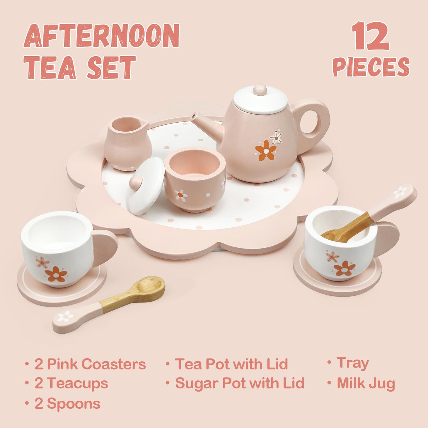 Wooden Afternoon Tea Set Toys for Toddlers Realistic Teapot Cups Carrying Tray Scoops Pretend Play Learning Role Play 12 pcs Pin