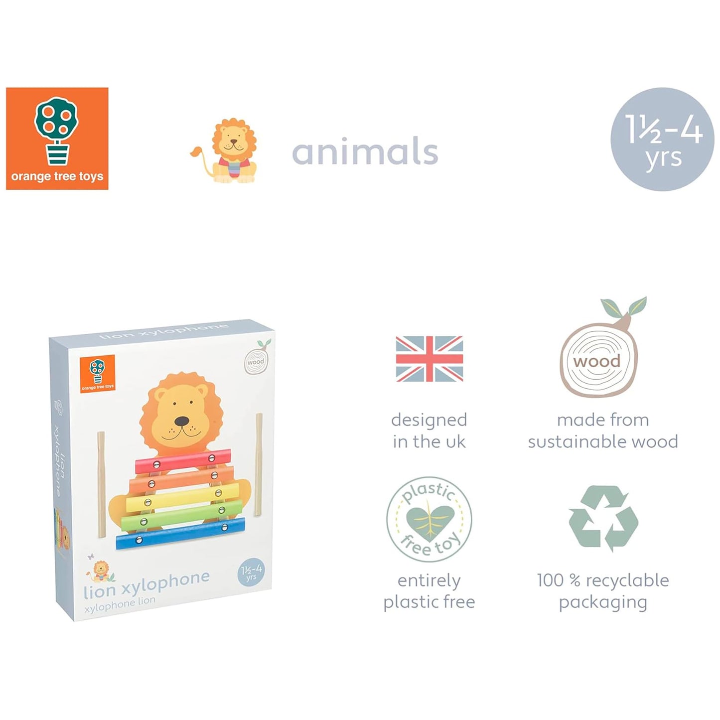 Orange Tree Toys: Xylophone: Lion - Wooden Musical Instrument Toy W/ 2 Drumsticks, Animal Shaped, Colorful Developmental Toy, Toddler & Kids, Ages 3+