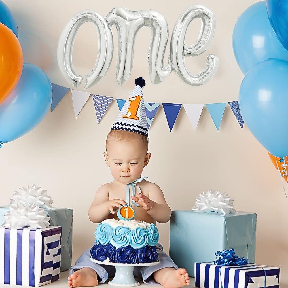 Toniful Silver One Balloons Banner, 42*16 Inch Mylar Foil Script / Cursive Letter One Sign Banner Balloon Bunting Reusable Ecofr