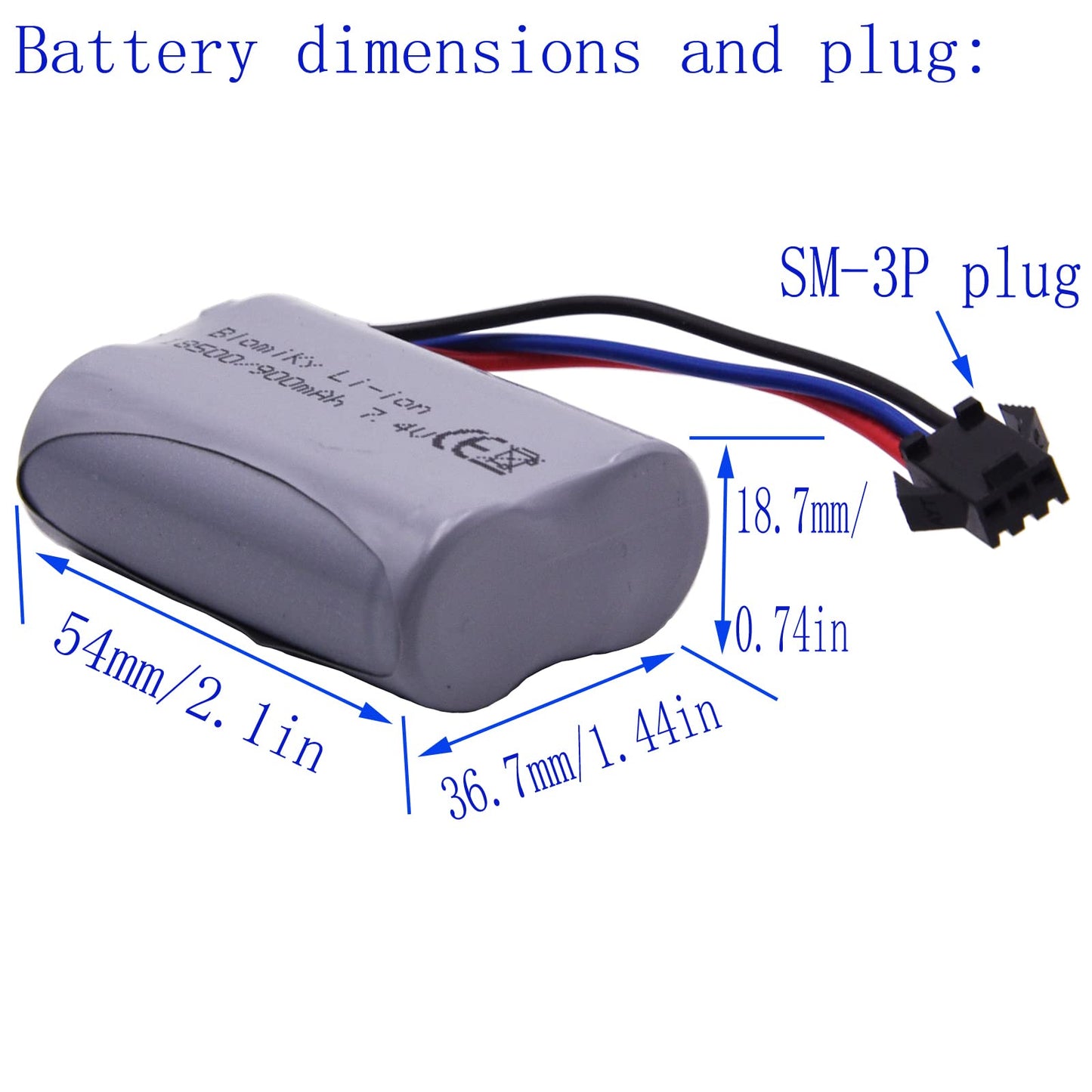 Blomiky SM-3P Plug 7.4V 900mAh Li-ion Rechargeable Battery and Charger Cable for G03082R Amphibous RC Cars C82 Battery