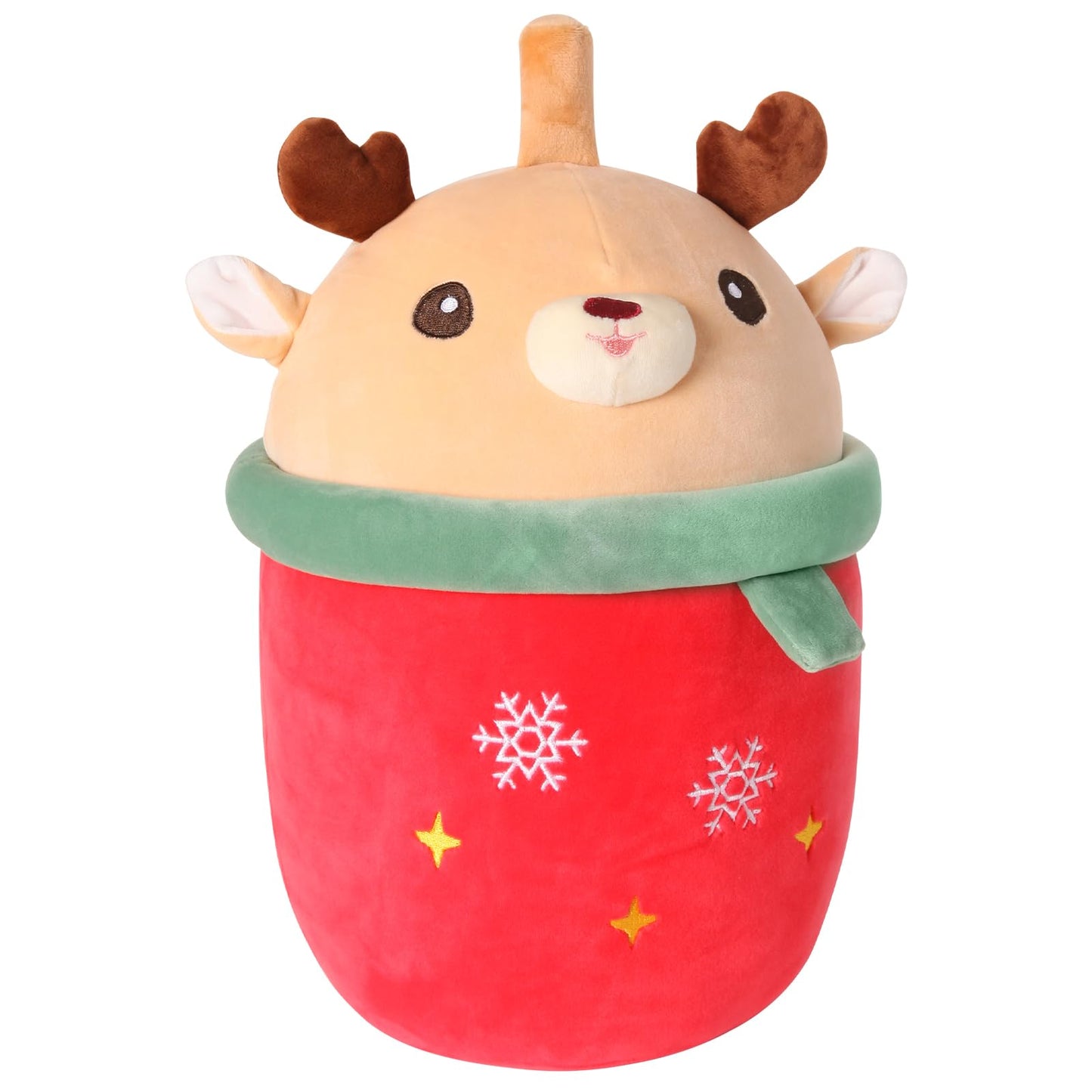 MMguai 14 inch Cute Christmas Deer with Green Scarf,Boba Bubble Tea Plush Soft Pillow Plushies,Large Deer Milk Tea Stuffed Anima