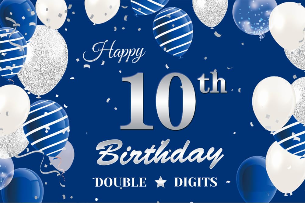 10Th Birthday Backdrop Banner, Double Digits 10Th Birthday Photography Background Blue Silver, Happy 10Th Birthday Decoration Fo