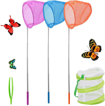 SEISSO Telescopic Butterfly Nets for Kids 3 Packs, Outdoor Explorer Catching Kits Including Catching Nets/Insect Mesh Cage/Tweez
