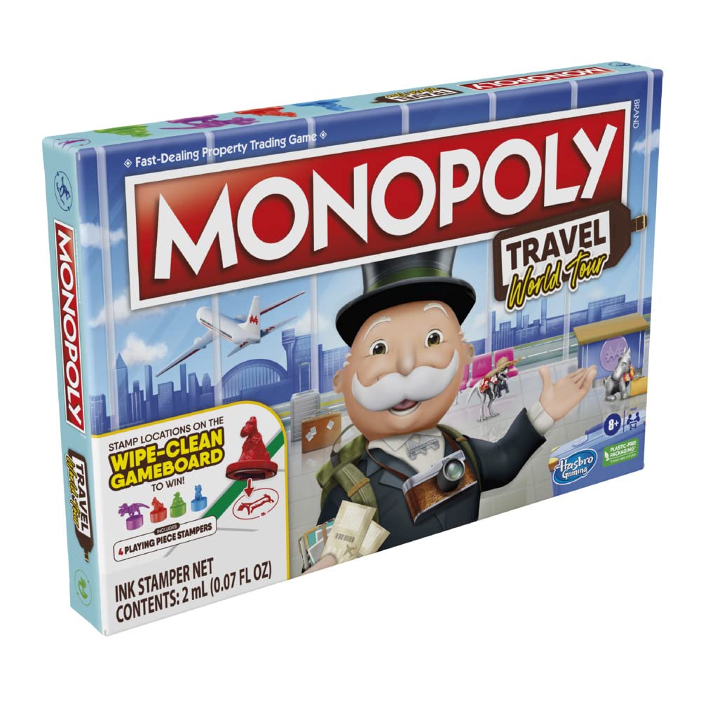 Hasbro Gaming Monopoly Travel World Tour Strategy Board Game For Family & Kids, Classic Gameplay With Geography Twist, Includes Dry-Erase Gameboard & Token Stampers, Ages 8+
