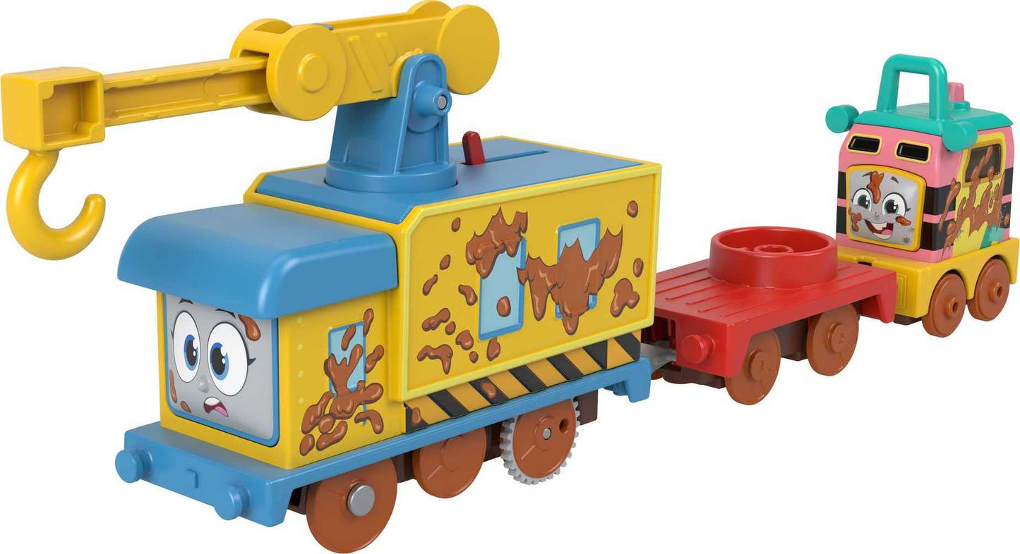 Thomas & Friends Toy Vehicle Set Muddy Fix 'Em Up Friends Battery-Powered Carly The Crane & Sandy The Rail Speeder For Ages 3+ Years
